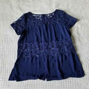 Lauren Conrad Navy Chiffon and Lace Top